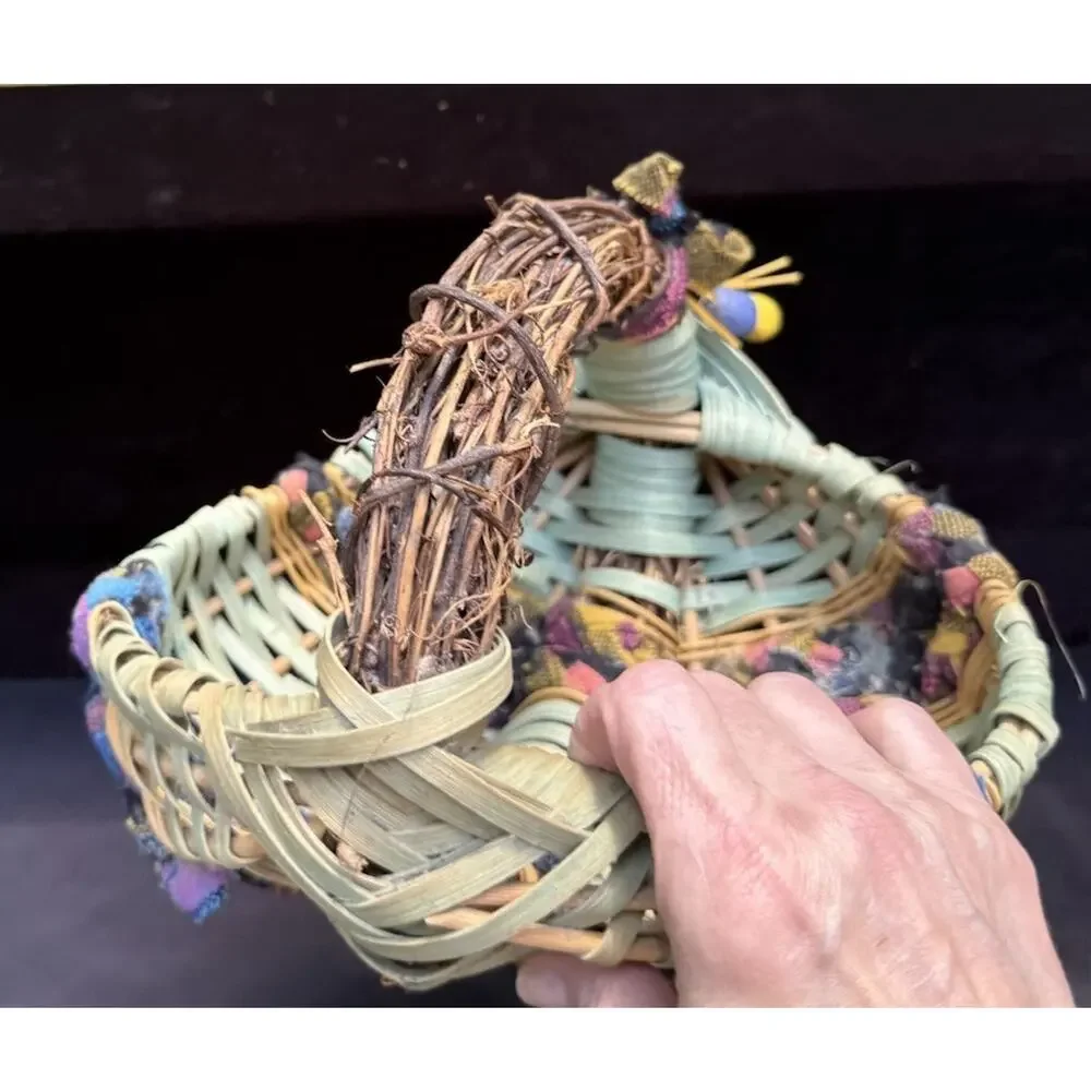 Vintage Woven African Egg Basket Super Colorful With Rag Bead Accents